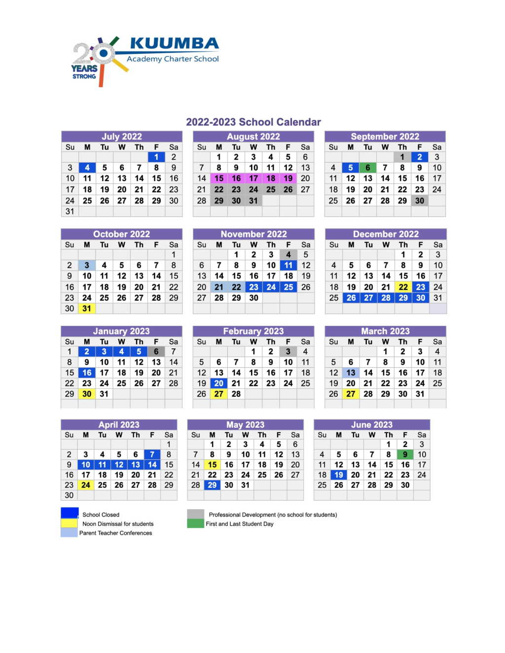 Calendar Kuumba Academy Charter School